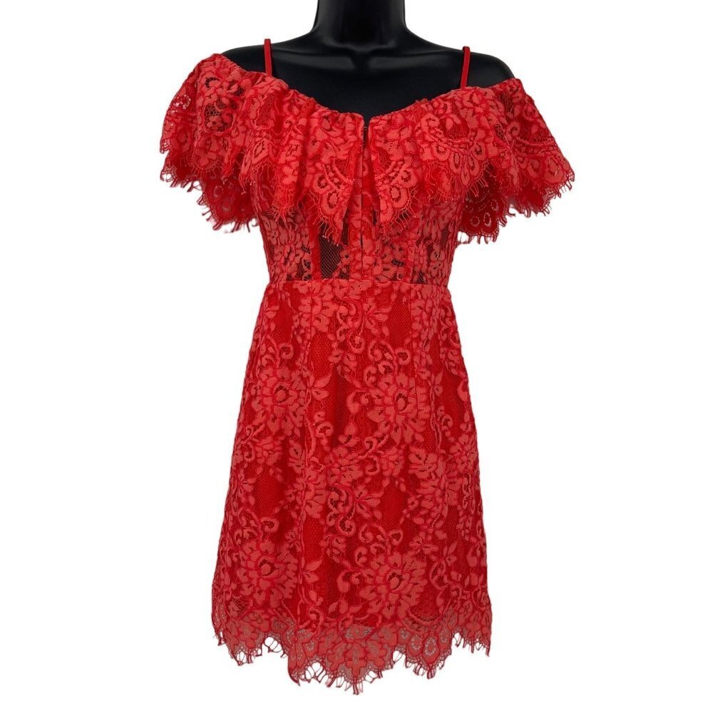 New Revolve NBD X NAVEN Allie Red Lace Semi Sheer Sides Cocktail Dress Size XS